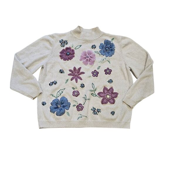 Vtg Alfred Dunner Floral Sweater Womens 1X Beige Blue Cottagecore Boho Artsy - Picture 1 of 8